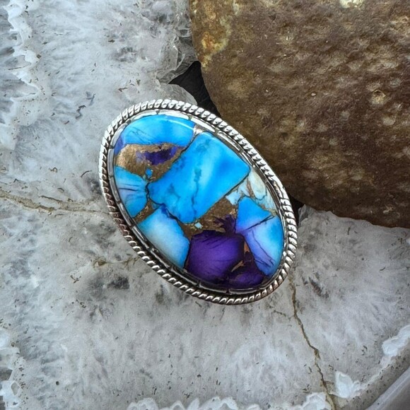 Sterling Southwestern Style Oval Purple Spiny Turquoise Ring Size 8.5 For Women - Picture 2 of 10